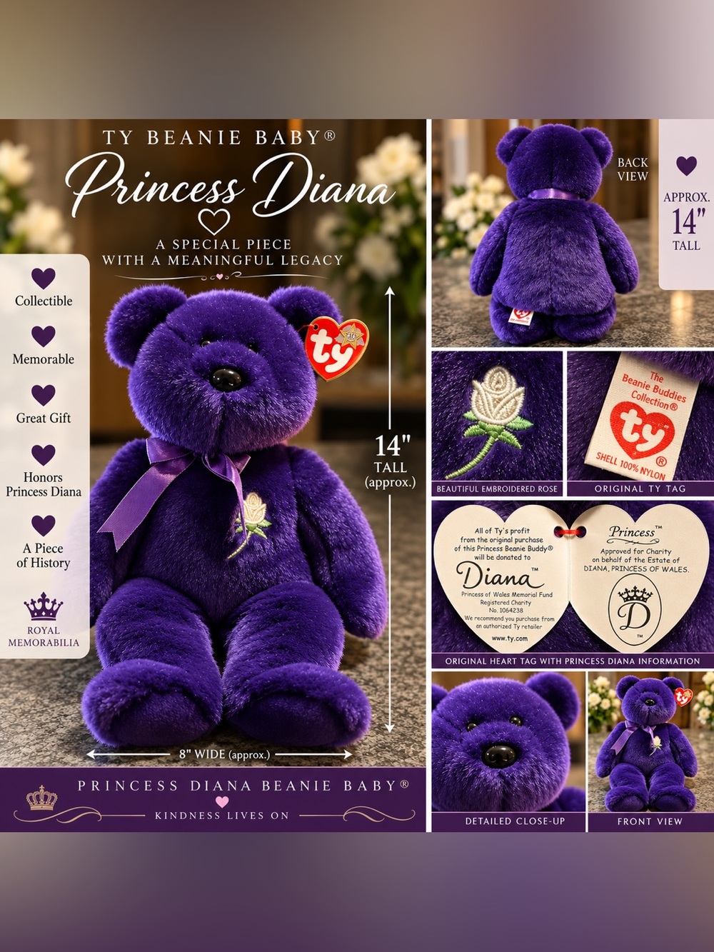 Ty Princess Diana Purple Beanie Baby Bear with Embroidered Rose